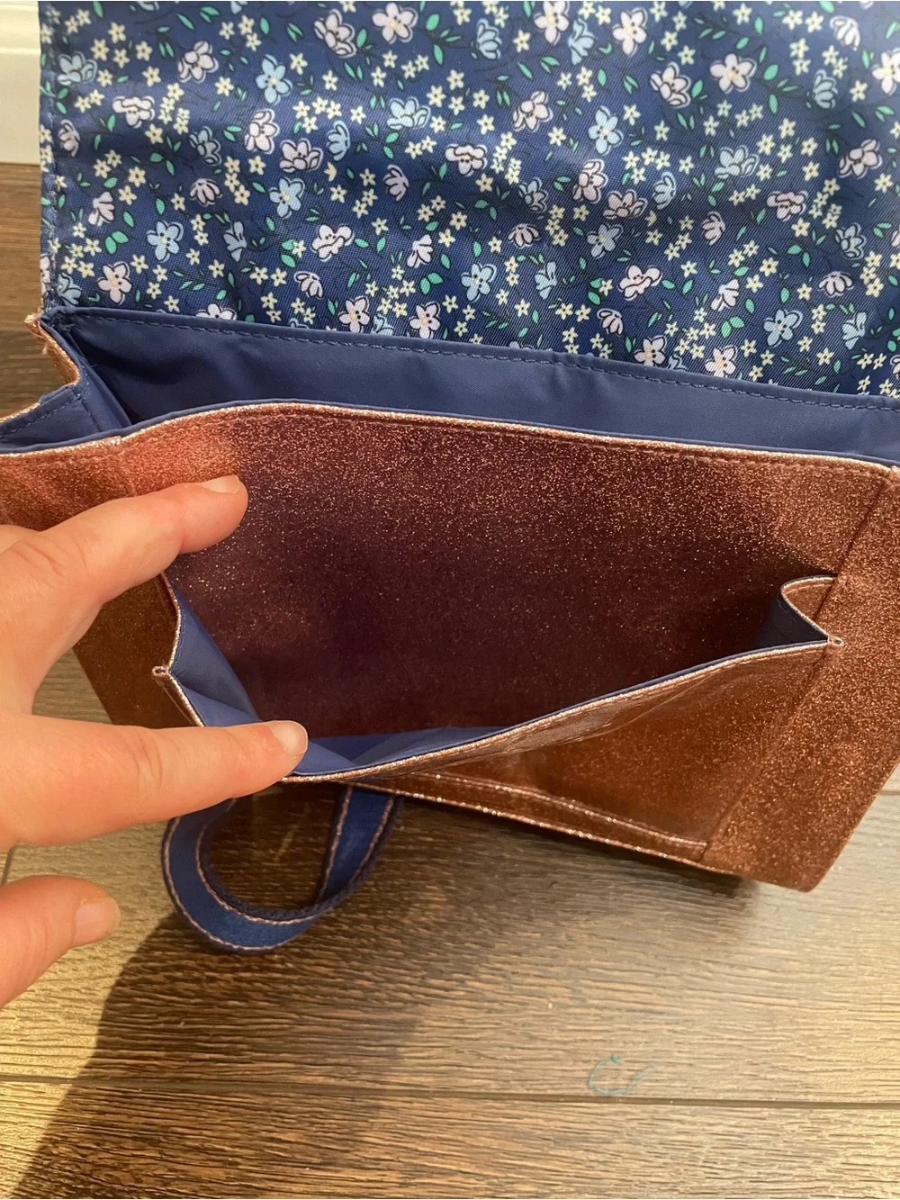 Cath Kidston Rose Gold Pink Glitter Backpack with Navy Adjustable Straps